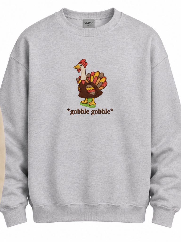 Ash Gray Gildan 1800 sweatshirt with Thanksgiving goose embroidery