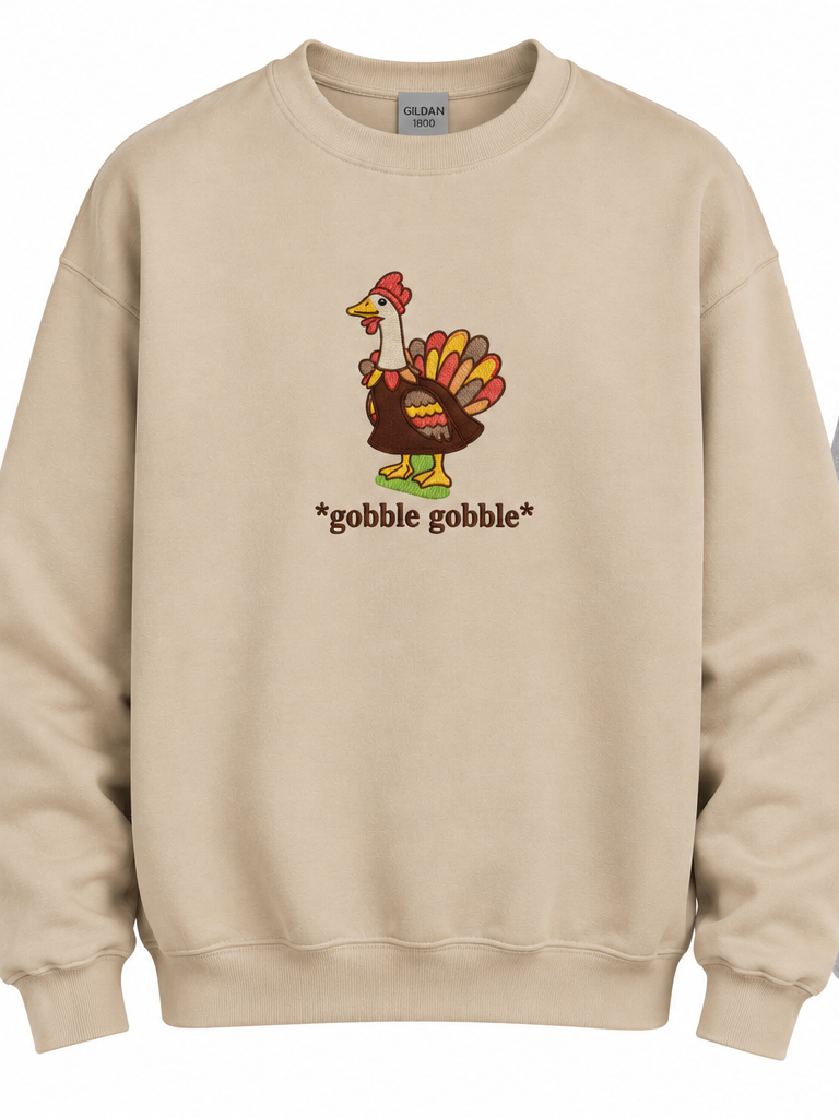 Sand Gildan 1800 sweatshirt with Thanksgiving goose embroidery