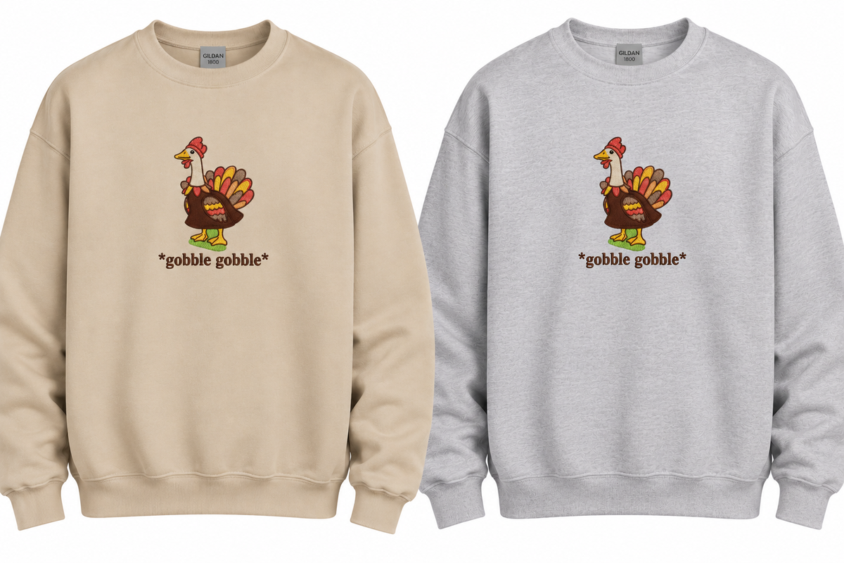 Gobble Gobble embroidered Gildan 1800 crewneck mockups in Sand and Ash Gray
